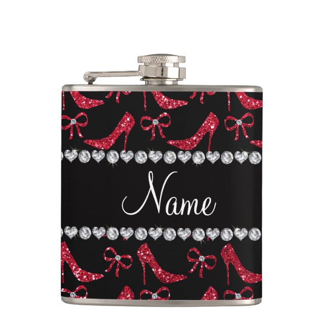 Custom name crimson red glitter high heels bow hip flask (Front)