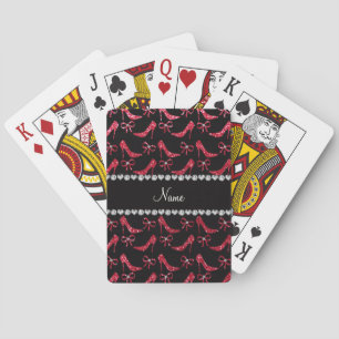 Custom name crimson red glitter high heels bow playing cards