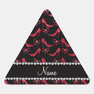Custom name crimson red glitter high heels bow triangle sticker