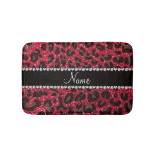 Custom name crimson red glitter leopard print bath mat