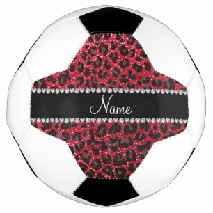 Custom name crimson red glitter leopard print soccer ball