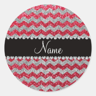 Custom name crimson red silver glitter chevrons classic round sticker
