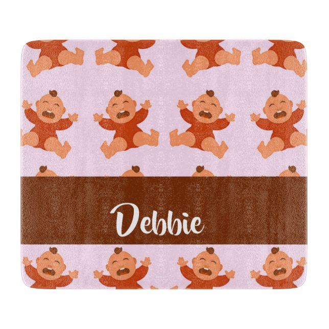 Custom name crying babies on pink cutting board (Front)