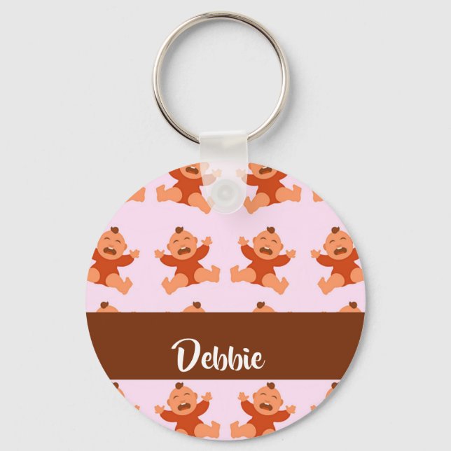 Custom name crying babies on pink keychain (Front)