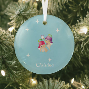 Custom name cute angels on blue glass ornament