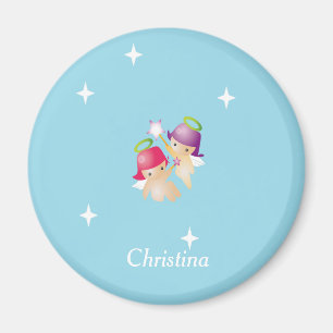 Custom name cute angels on blue magnet