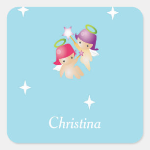Custom name cute angels on blue square sticker