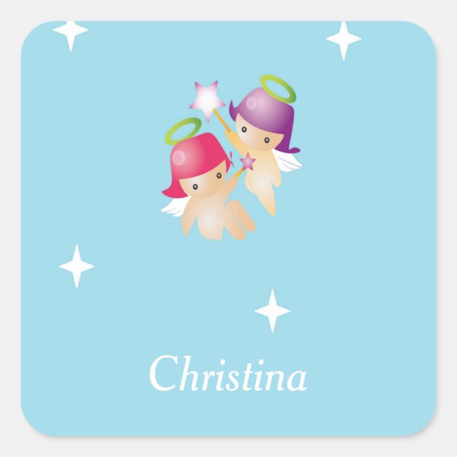 Custom name cute angels on blue square sticker (Front)