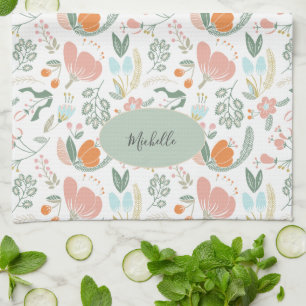 Custom name cute botanical pastel floral pattern kitchen towel