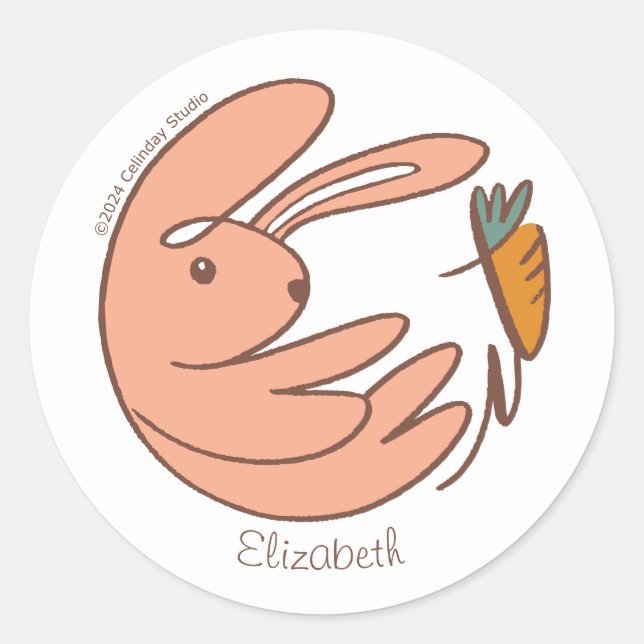 Custom Name Cute Bunny and Carrot Animal Art Classic Round Sticker (Front)