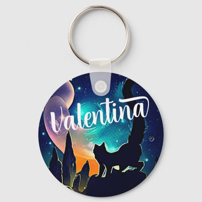 Custom Name Cute Cat and Galaxy Stars & Mountains  Keychain (Front)