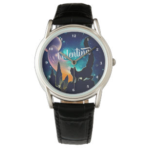 Custom Name Cute Cat and Galaxy Stars & Mountains  Watch