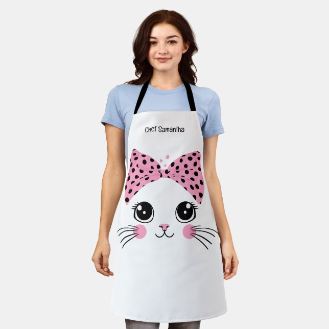 Custom Name Cute Cat Face Apron (Worn)