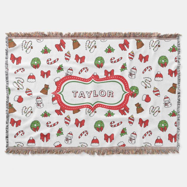 Custom Name Cute Christmas Seamless Pattern Throw Blanket (Front)