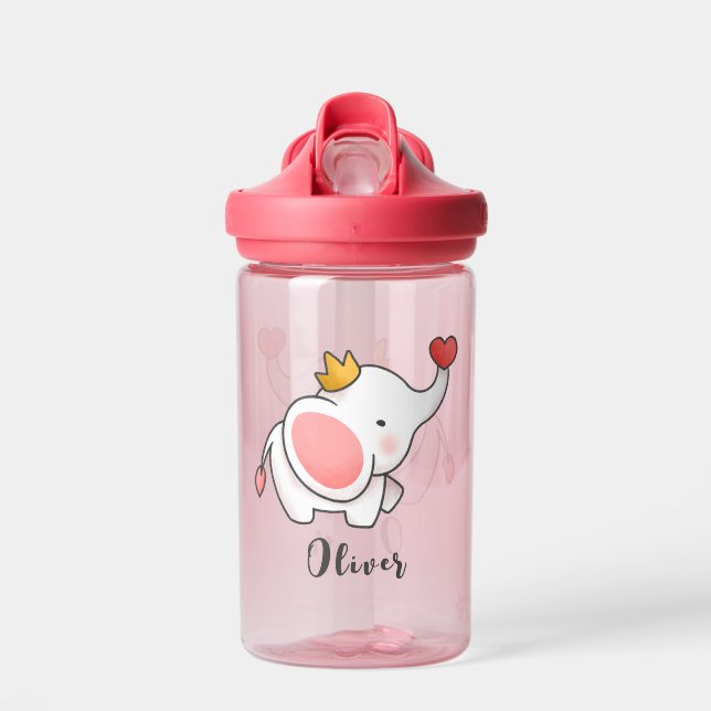 Custom Name Cute Crown Baby Elephant Water Bottle (Front)