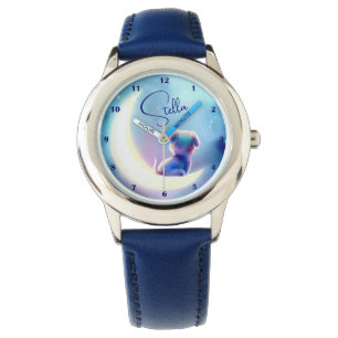 Custom Name Cute Dog on the Moon Stars Watercolor Watch
