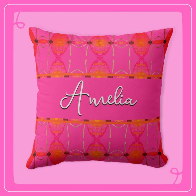 Custom Name Cute Girly Orange and Pink Throw Pillow (Creator Uploaded)