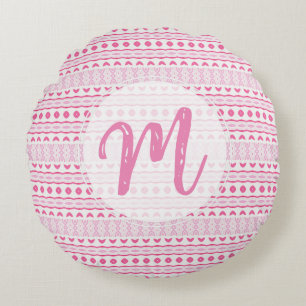 Custom Name Cute Girly Pretty Pink White Pattern  Round Pillow