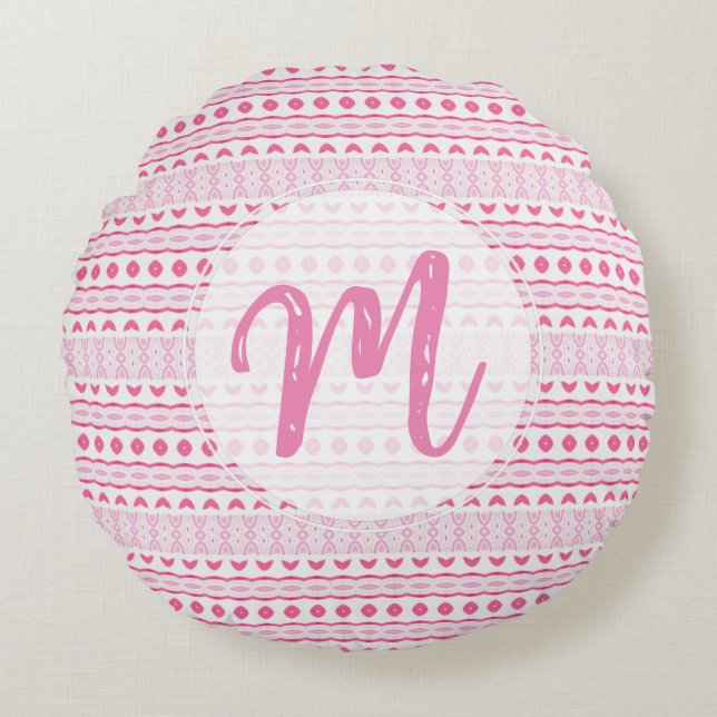 Custom Name Cute Girly Pretty Pink White Pattern  Round Pillow (Front)