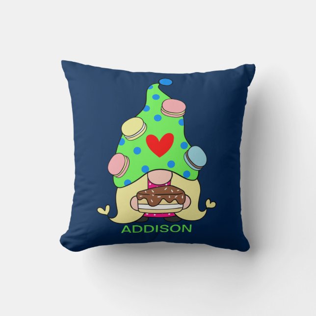 Custom Name Cute Gnome Cookies Hat Cake Heart Throw Pillow (Front)