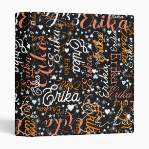 Custom Name, Cute Hearts and Stars Black Binder