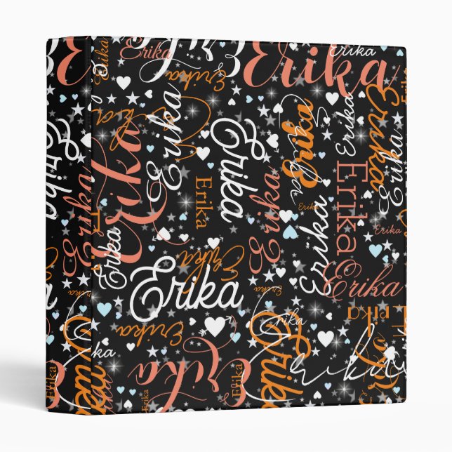 Custom Name, Cute Hearts and Stars Black Binder (Front/Spine)