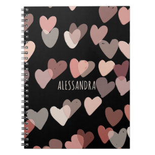 Custom name cute hearts pattern black blush pink notebook