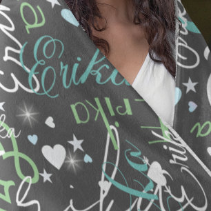 Custom Name Cute Hearts Stylishly Starry Dark Grey Fleece Blanket