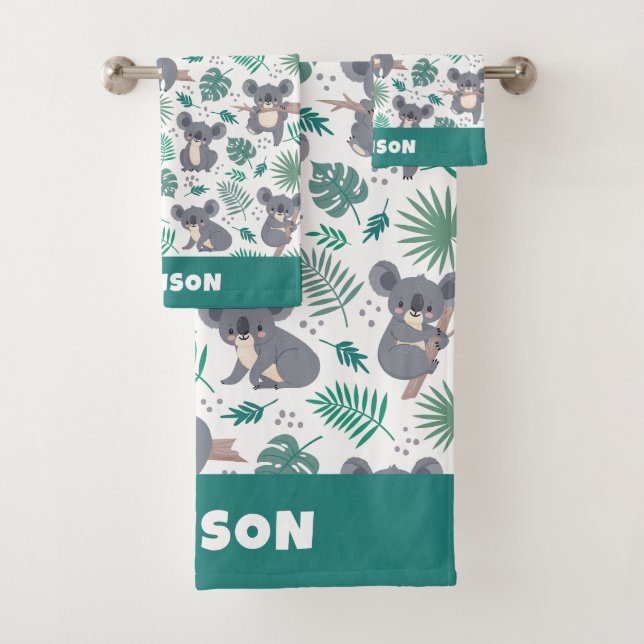 Custom Name Cute Koalas Pattern Bath Towel Set (Insitu)