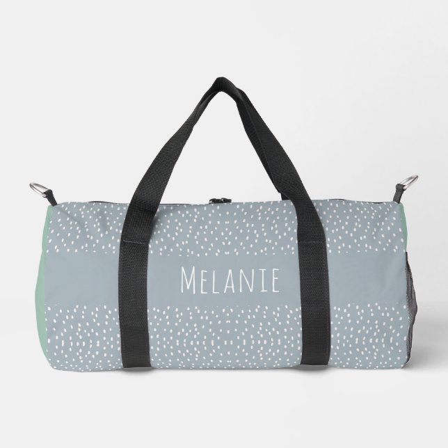 Custom name, cute modern grey blue spots duffle bag (Front)