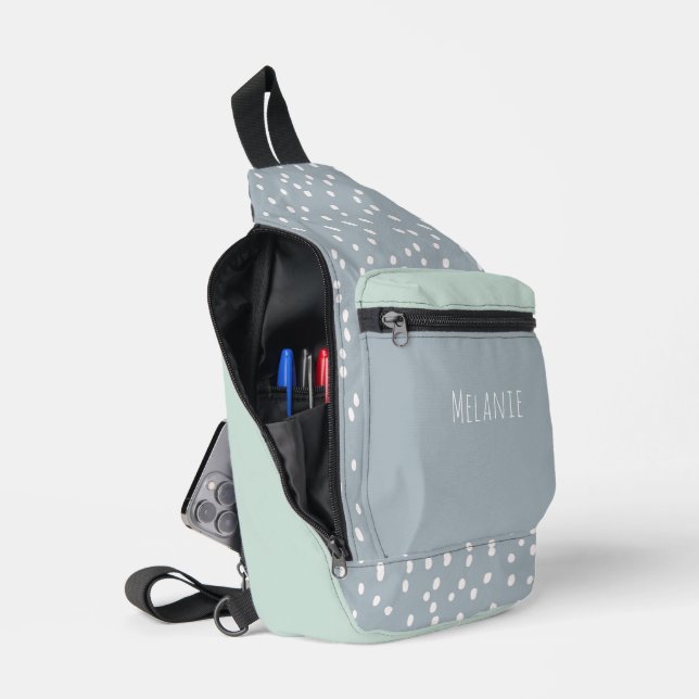 Custom name, cute modern grey blue spots sling bag (Open)