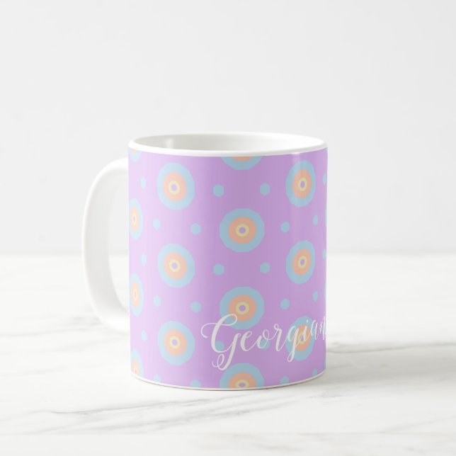 Custom Name Cute Pastel Rainbow Bullseyes Pattern Coffee Mug (Front Left)