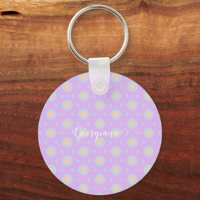 Custom Name Cute Pastel Rainbow Bullseyes Pattern Keychain (Front)