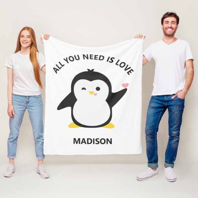 Custom name cute penguin fleece blanket (In Situ)