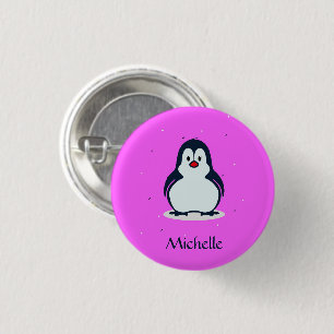 Custom name cute penguin on pink 1 inch round button