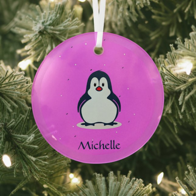 Custom name cute penguin on pink glass ornament (Insitu)