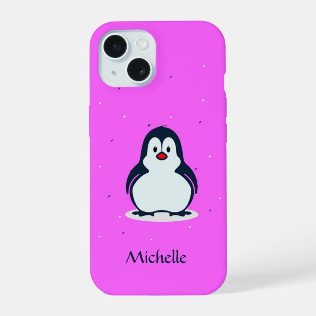 Custom name cute penguin on pink iPhone 15 case (Back)