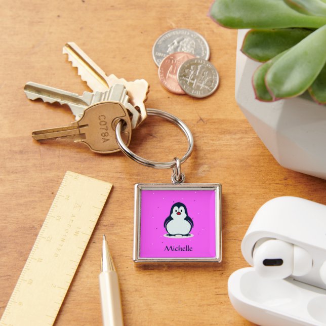 Custom name cute penguin on pink keychain (Desk)