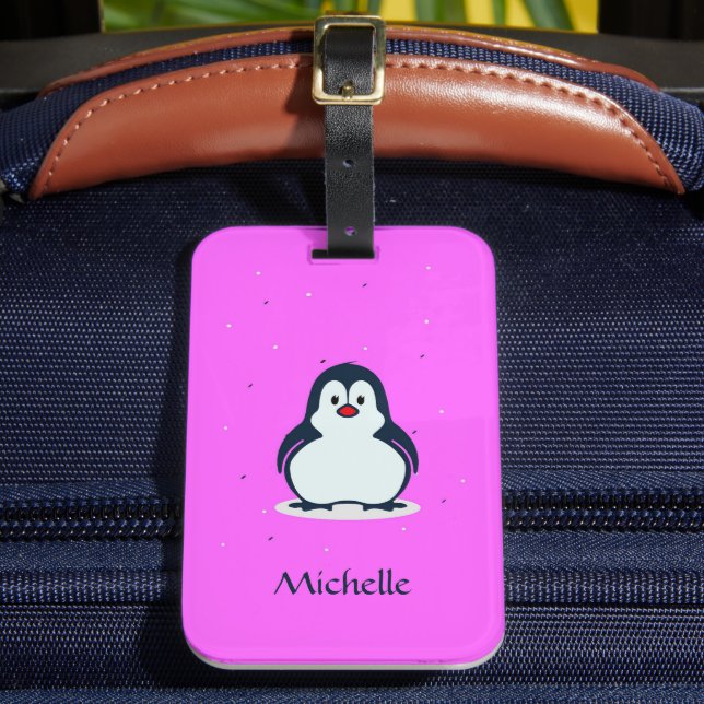 Custom name cute penguin on pink luggage tag (Front Insitu 2)