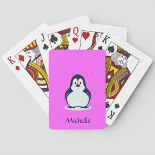 Custom name cute penguin on pink playing cards