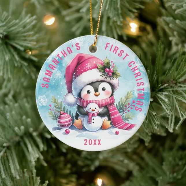 Custom Name Cute Penguin Pink First Christmas  Ceramic Ornament (Tree)