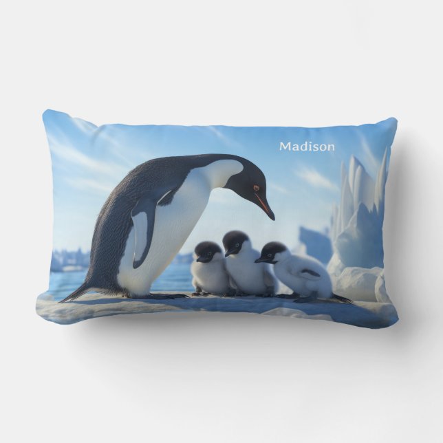 Custom Name Cute Penguins Lumbar Pillow (Front)