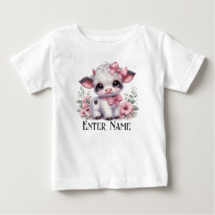 Custom Name Cute Pink Baby Girl Highland Cow T-Shirt