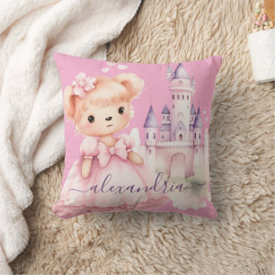 Custom Name Cute Pink Teddy Bear Girl's Throw Pillow