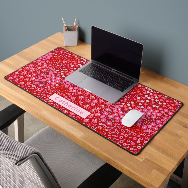 Custom Name Cute Red Pink Floral Home Office Desk Mat (Office 2)