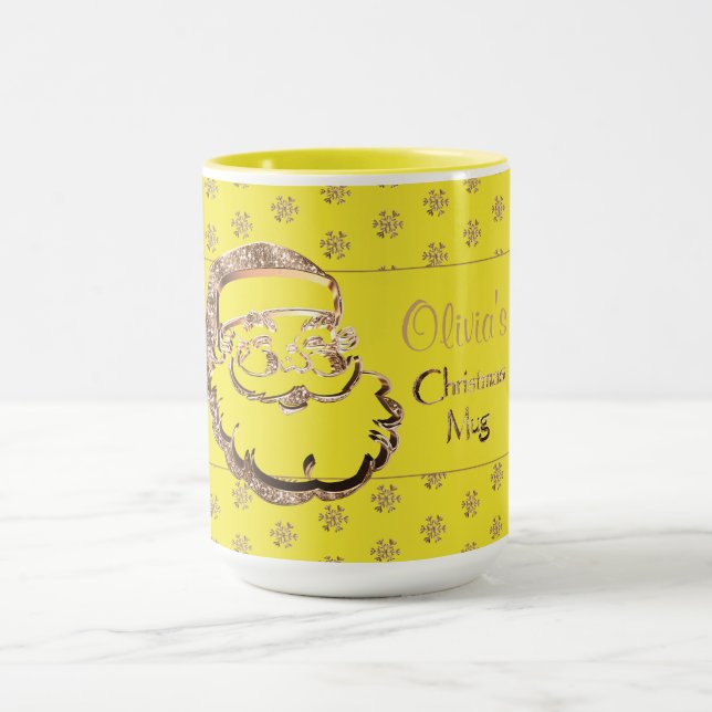 Custom Name Cute Santa Yellow Gold Christmas Mug (Center)