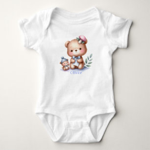 Custom Name Cute Teddy Bear Animal Art Baby Bodysuit