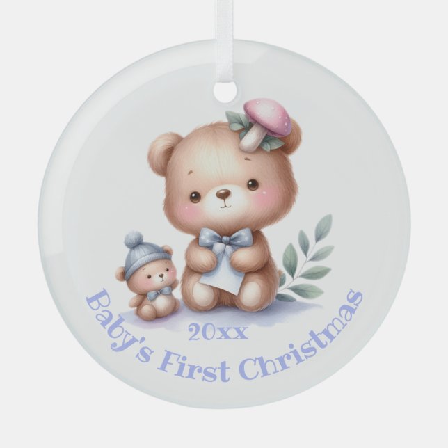 Custom Name Cute Teddy Bear Animal Art Glass Ornament (Front)