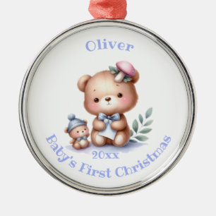 Custom Name Cute Teddy Bear Animal Art Metal Ornament