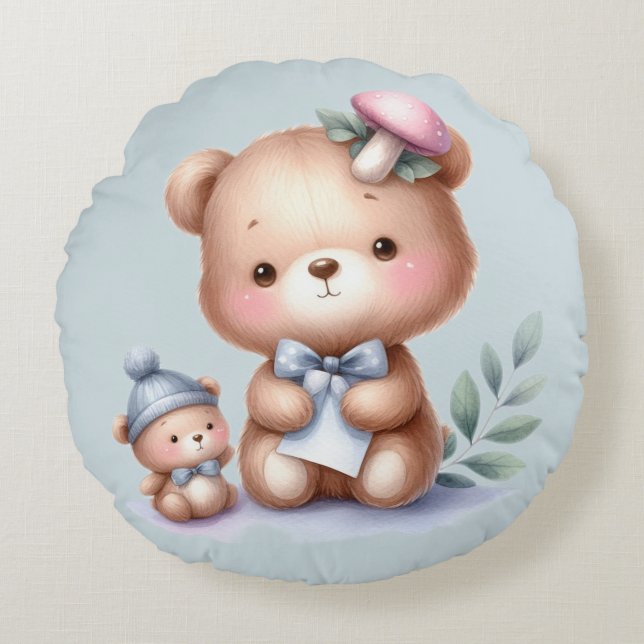 Custom Name Cute Teddy Bear Animal Art Round Pillow (Front)